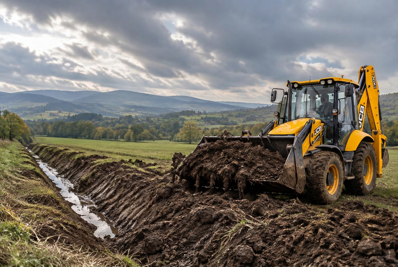 Koparko-ładowarka JCB 3CX podczas prac ziemnych