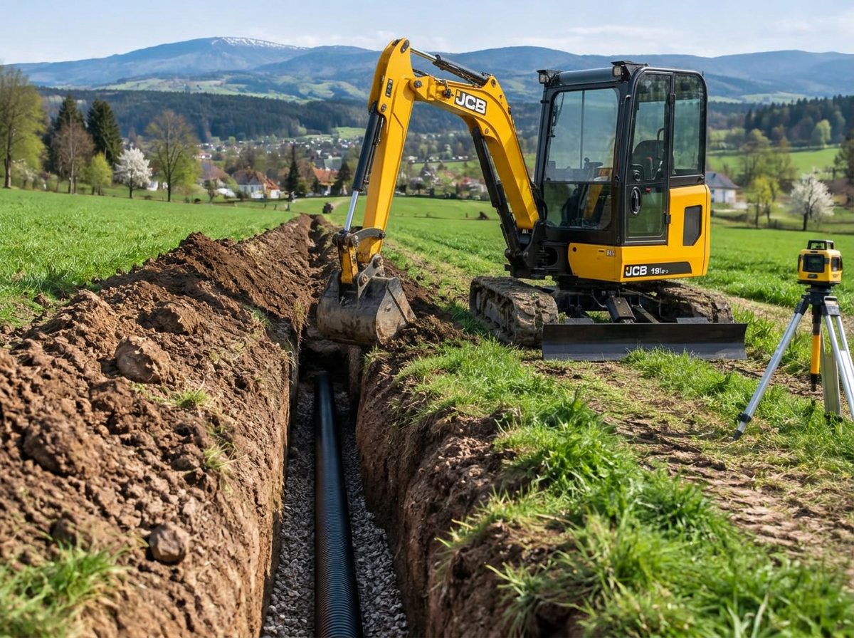 Minikoparka gąsienicowa JCB 19C-1 przy układaniu drenażu